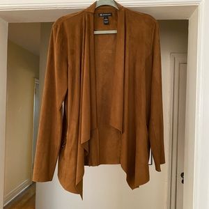INC faux suede brown waterfall blazer with gold-tone zippers